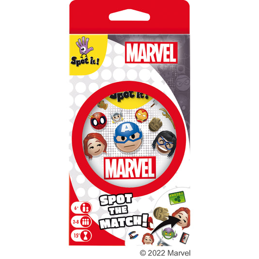 Spot it! Marvel Emoji (Eco Blister) front of game packing with cartoon style art of marvel characters. 