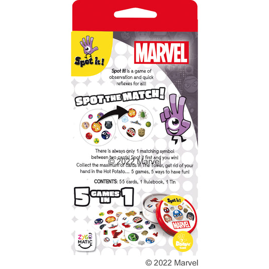 Spot it! Marvel Emoji (Eco Blister) back of packaging with game overview and images of game cards.