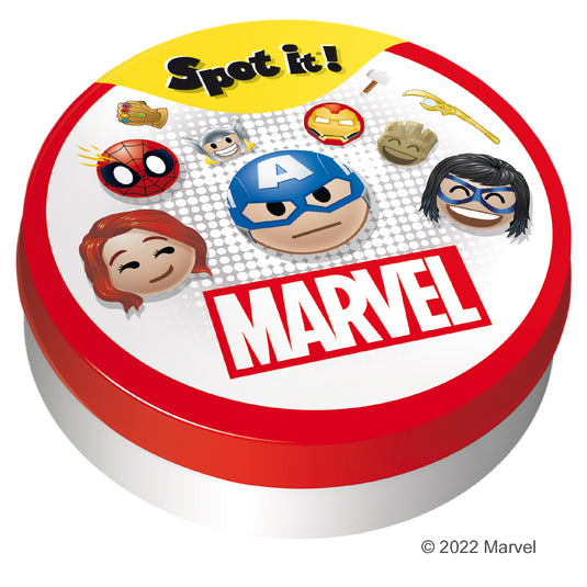 Spot it! Marvel Emoji (Eco Blister) game tin with comic style marvel character design.