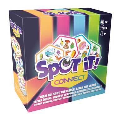 Spot It! Connect - front of box featuring images of spot it cards. Box indicates it is for ages 8+ and 2 to 8 players. 