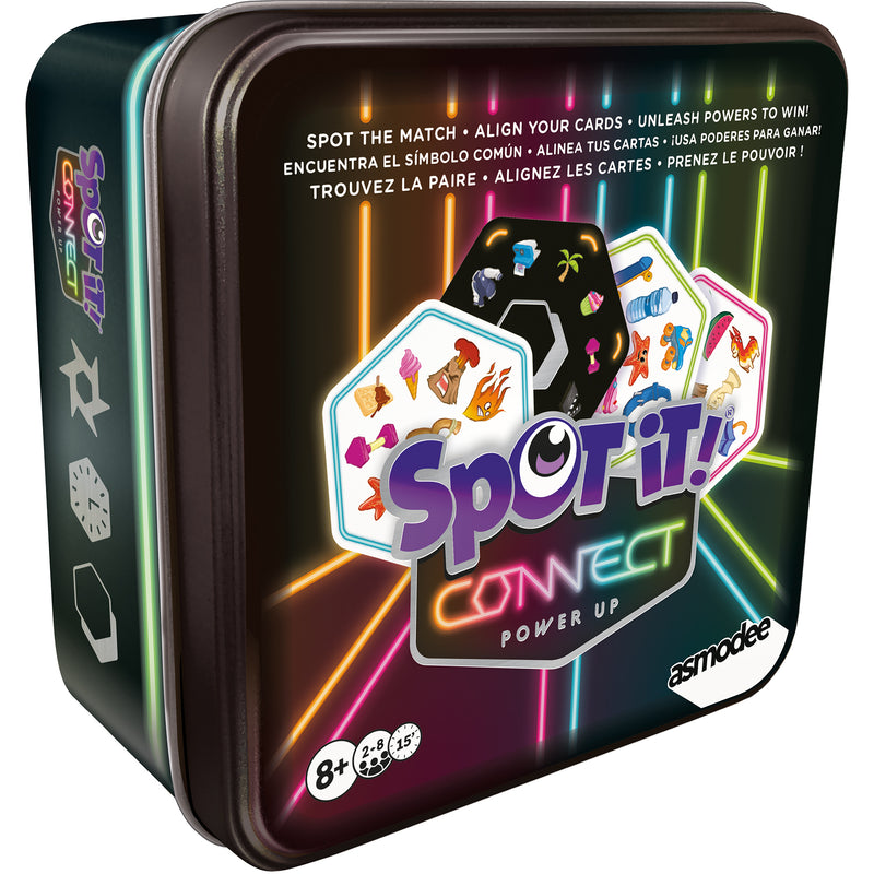 Load image into Gallery viewer, Spot It! Connect Power Up - Front of box with images of of sample cards and asmodee logo. Box indicates it is for ages 8+ and 2 to 8 players. 
