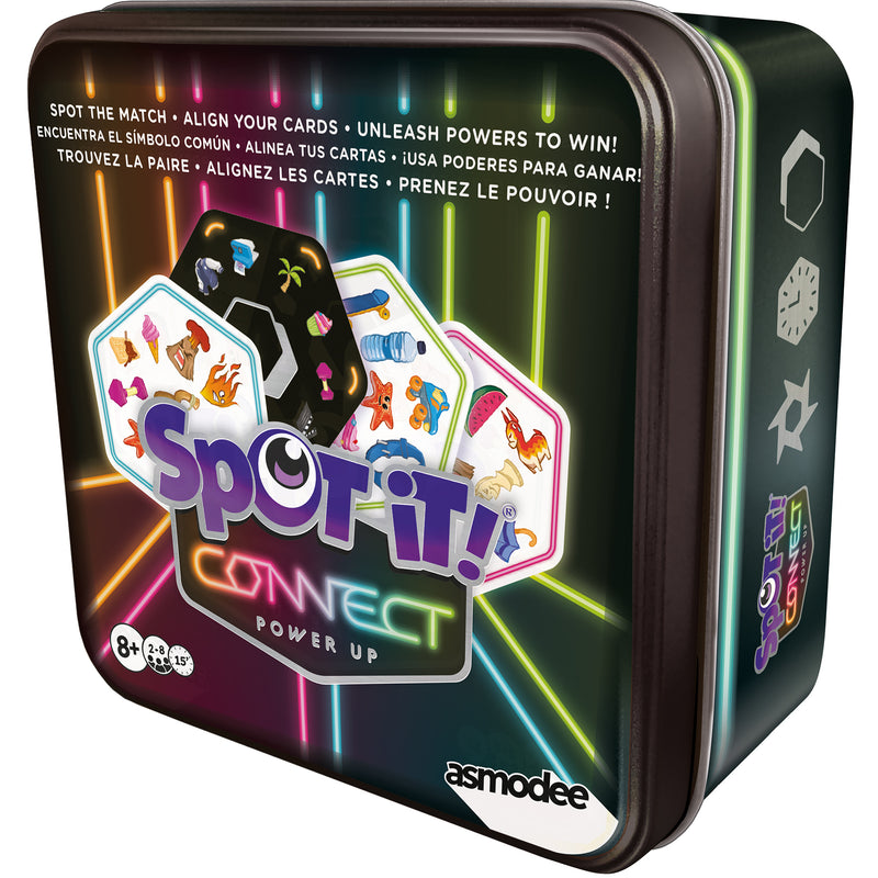 Load image into Gallery viewer, Spot It! Connect Power Up - Front of box with images of of sample cards and asmodee logo. Box indicates it is for ages 8+ and 2 to 8 players. 
