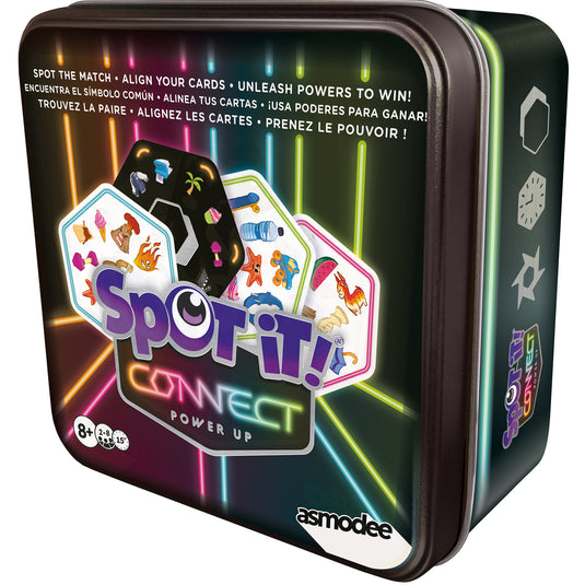 Spot It! Connect Power Up - Front of box with images of of sample cards and asmodee logo. Box indicates it is for ages 8+ and 2 to 8 players. 