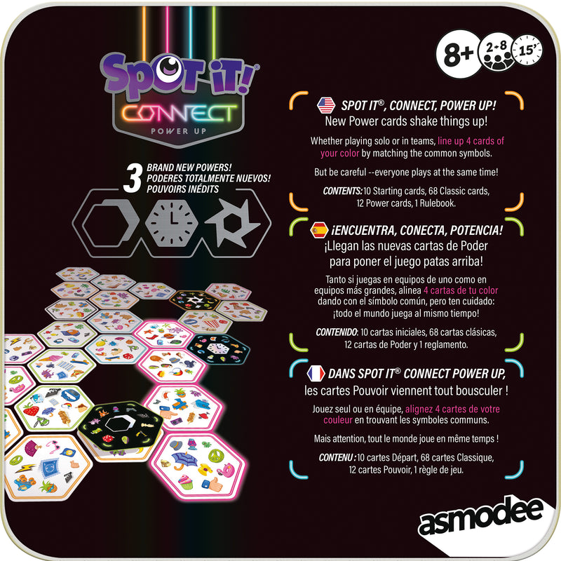 Load image into Gallery viewer, Spot It! Connect Power Up - Back of box with overview in English, Spanish, and French along with images of sample cards. 
