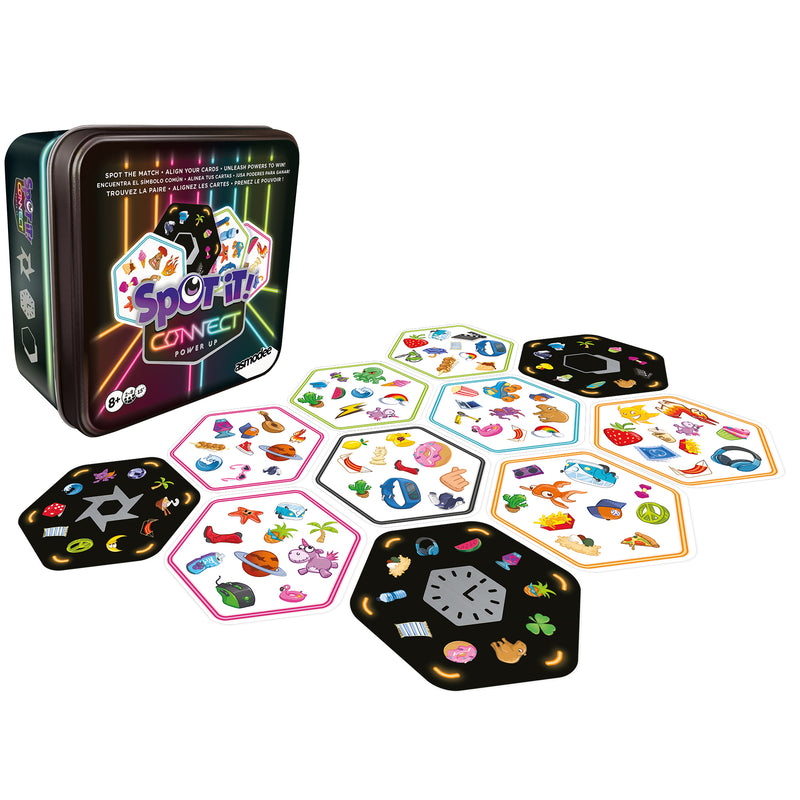 Load image into Gallery viewer, Spot It! Connect Power Up - Box and game components displayed including hexagon shaped cards with different item illustrations on each card. 

