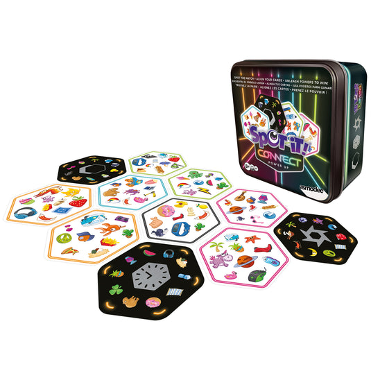 Spot It! Connect Power Up - Box and game components displayed including hexagon shaped cards with different item illustrations on each card. 