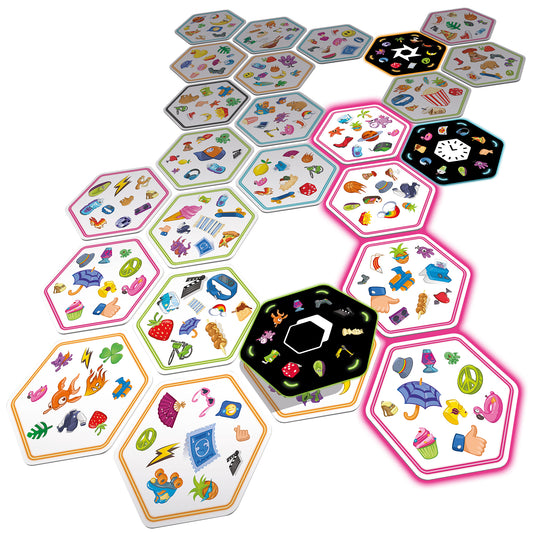 Spot It! Connect Power Up - Sample game components displayed including hexagon shaped cards with different item illustrations on each card. 