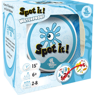 Spot it! Waterproof - front of packaging featuring a blue and white design with images of the game's laminated cards and symbols to be matched. The box indicates that it is suitable for ages 6+ and can be played by 2-8 players.
