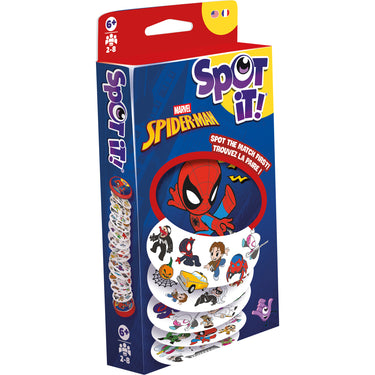 Spot It! Spider-Man Eco Blister - front of packaging featuring art of Spider Man. The box indicates it is for ages 6+ and 2 to 8 players.