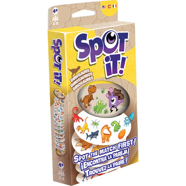 Spot It! Dinosaurs (Eco Blister) - front of packaging featuring illustrations of dinosaurs. The box indicates it is for ages 4+ and 2 to 8 players.