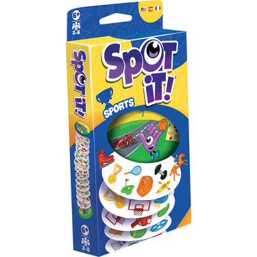 Spot It! Sports (Eco-Blister) - front of packaging featuring art of race track. The box indicates it is for ages 6+ and 2 to 8 players.