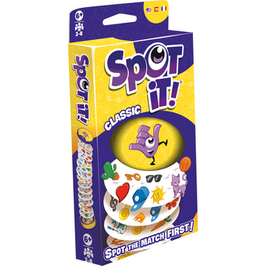 Spot It! Classic (Eco Blister) - front of packaging featuring images of Spot It! cards. The box indicates it is for ages 6+ and 2 to 8 players.