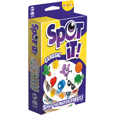 Spot It! Classic (Pocket Eco) - front of box with images of sample spot it cards. Box indicates it is for ages 6+ and 2 to 8 players. 