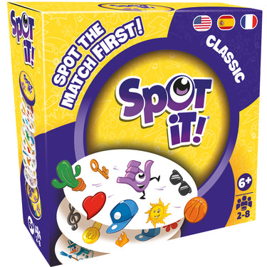 Spot It! Classic (Eco Sleeve) Multi-lingual edition - front of packaging featuring images of Spot It! cards. The box indicates it is for ages 6+ and 2 to 8 players.