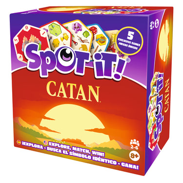 Spot It: CATAN card game front of box with art of setting sun.