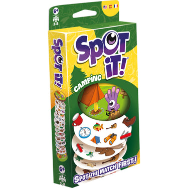 Spot It! Camping (Eco Blister) - front of packaging featuring camping-related illustrations, such as a tent, campfire, and outdoor wildlife. The box indicates the game is suitable for ages 6 and up and includes multiple languages.