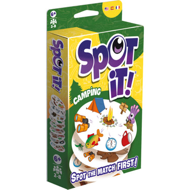 Spot it! Camping (Pocket Eco) - front of packaging featuring colorful graphics of camping-related illustrations, such as a tent, campfire, and outdoor wildlife. The box indicates the game is suitable for ages 5 and up and includes multiple languages.