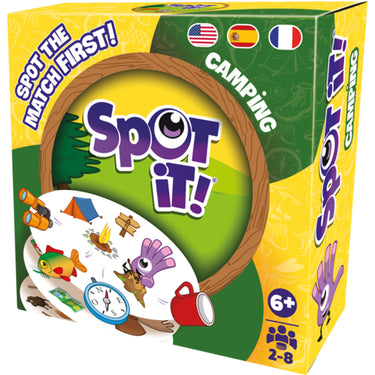 Spot it! Camping Card Game (Eco Sleeve) - front of box with images of sample spot it cards. Box indicates it is for ages 6+ and 2 to 8 players.
