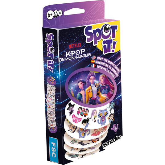 Spot It! K-Pop Demon Hunters (Eco Blister) - front of packaging with art of K-Pop demon hunters characters and images of cards.