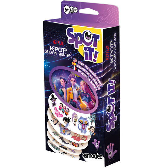 Spot It! K-Pop Demon Hunters (Eco Blister) - front of packaging with art of K-Pop demon hunters characters and images of cards.