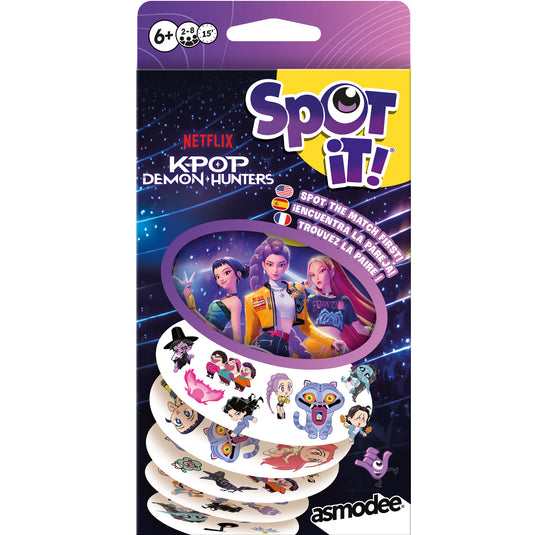 Spot It! K-Pop Demon Hunters (Eco Blister) - front of packaging with art of K-Pop demon hunters characters and images of cards.