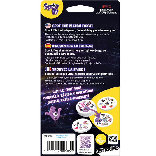 Spot It! K-Pop Demon Hunters (Eco Blister) - back of box with overview in English, French, and Spanish along with QR code linking to find out more page. 