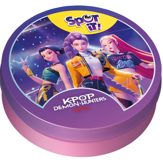 Spot It! K-Pop Demon Hunters (Eco Blister) - tin displayed featuring art of K-Pop demon hunters characters.