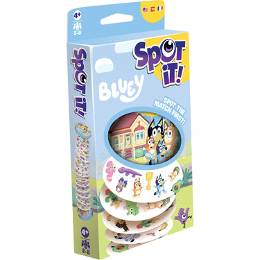 Spot It! Bluey (Eco Blister) - front of game packaging featuring art of Bluey. 