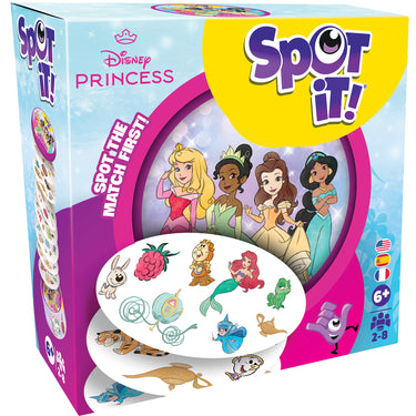 Spot It!: Disney Princess (Eco Sleeve) - front of box featuring art of Disney princesses. The box indicates it is for ages 6+ and 2 to 8 players.