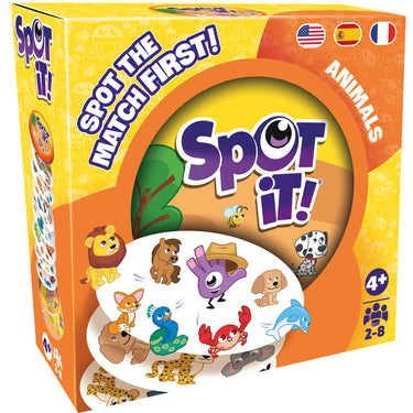 Spot it! Animals (Eco sleeve) - front of box featuring art of various animals. The box indicates it is for ages 4+ and 2 to 8 players.