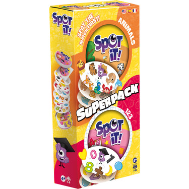Spot it! Superpack Kids - front of box  featuring two editions of Spot It, Spot It! 123 and Spot It! Animals Jr., with colorful illustrations on the packaging.