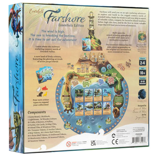 Farshore Essentials Board Game - back of box with game overview, components list, and images of game contents.