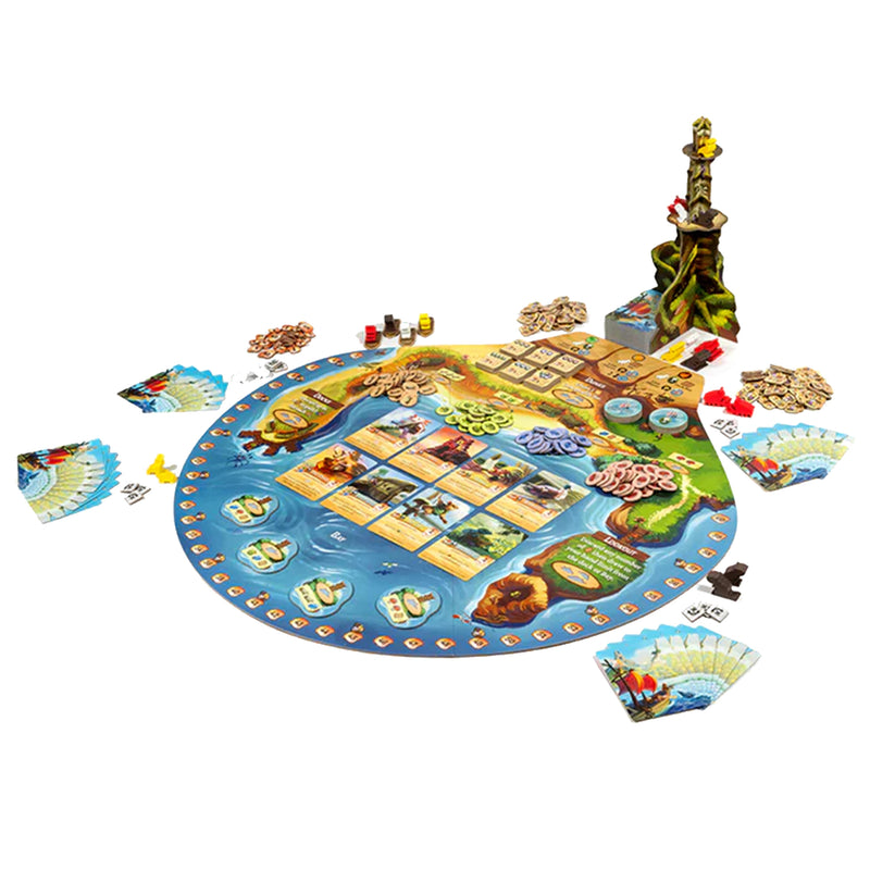 Load image into Gallery viewer, Farshore Essentials Board Game - components displayed including game board, tower, game tokens, and game cards.
