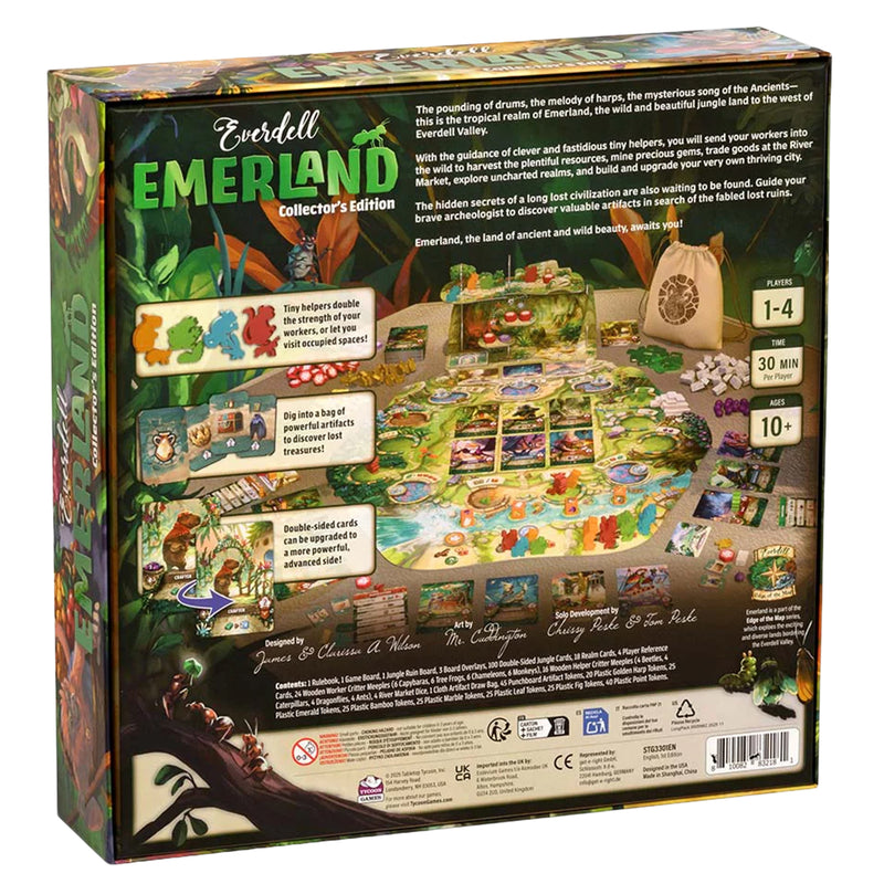 Load image into Gallery viewer, Emerland Collector's Edition - Back of box with overview, contents list, and images of game components including game board, tokens, and draw bag. Box indicates it is for ages 10+ and 1 to 4 players. 
