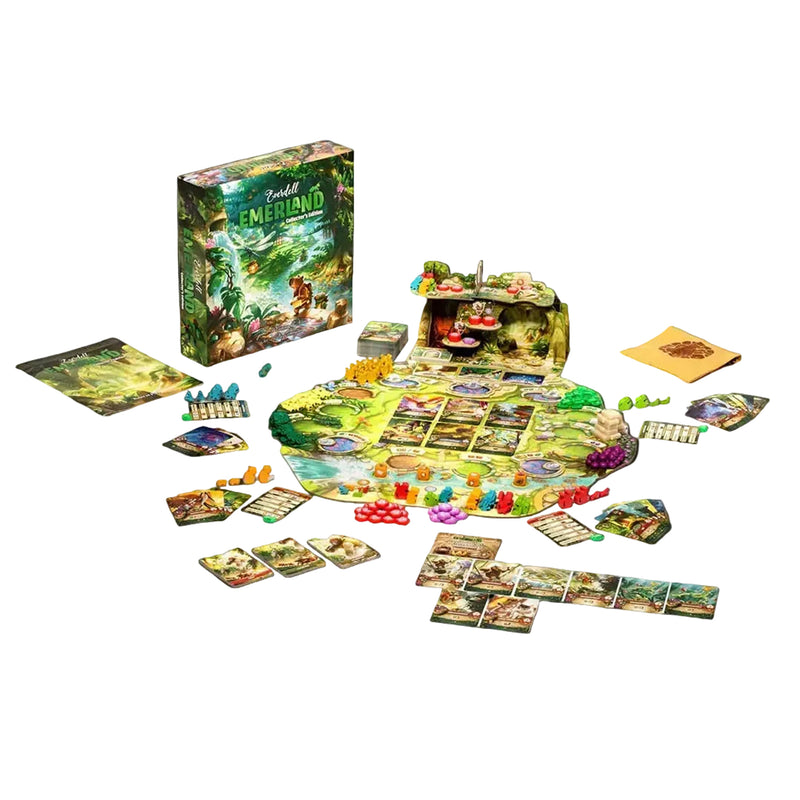 Load image into Gallery viewer, Emerland Collector's Edition - Box and game contents displayed including game board, cards, animal meeples, and tokens. 
