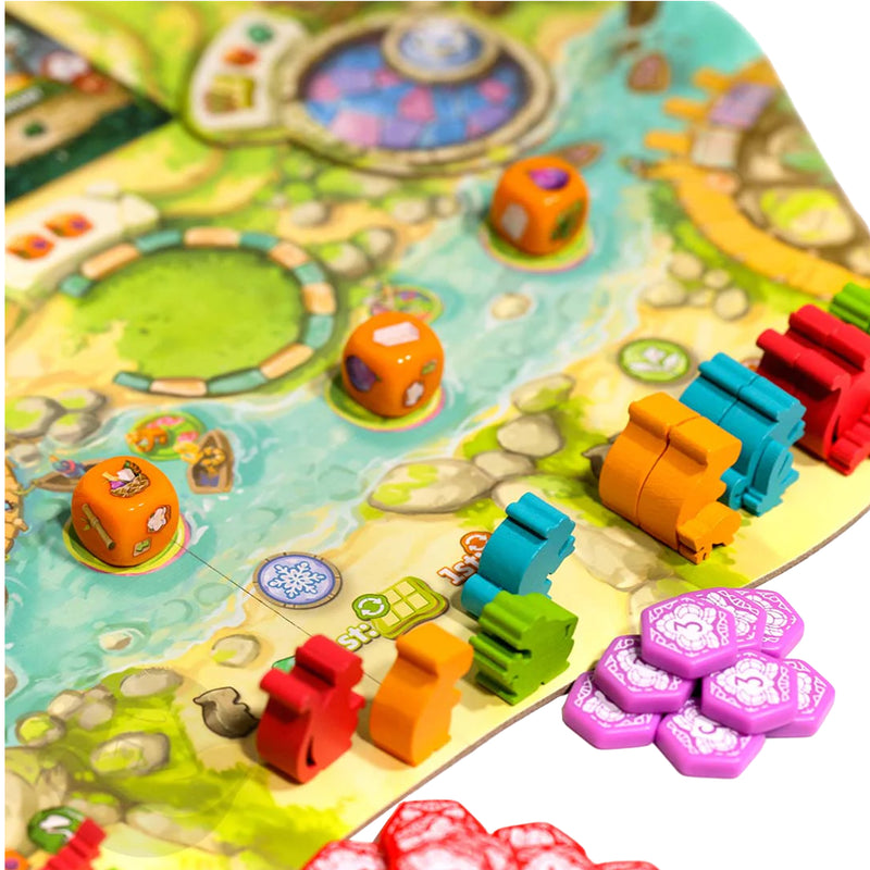 Load image into Gallery viewer, Emerland Collector's Edition - Sample components shown including animal meeples in red, orange, green, and blue, and game dice. 

