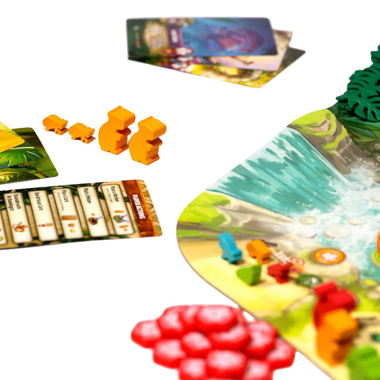 Emerland Collector's Edition - Sample game components shown including orange meeples and player actions card. 
