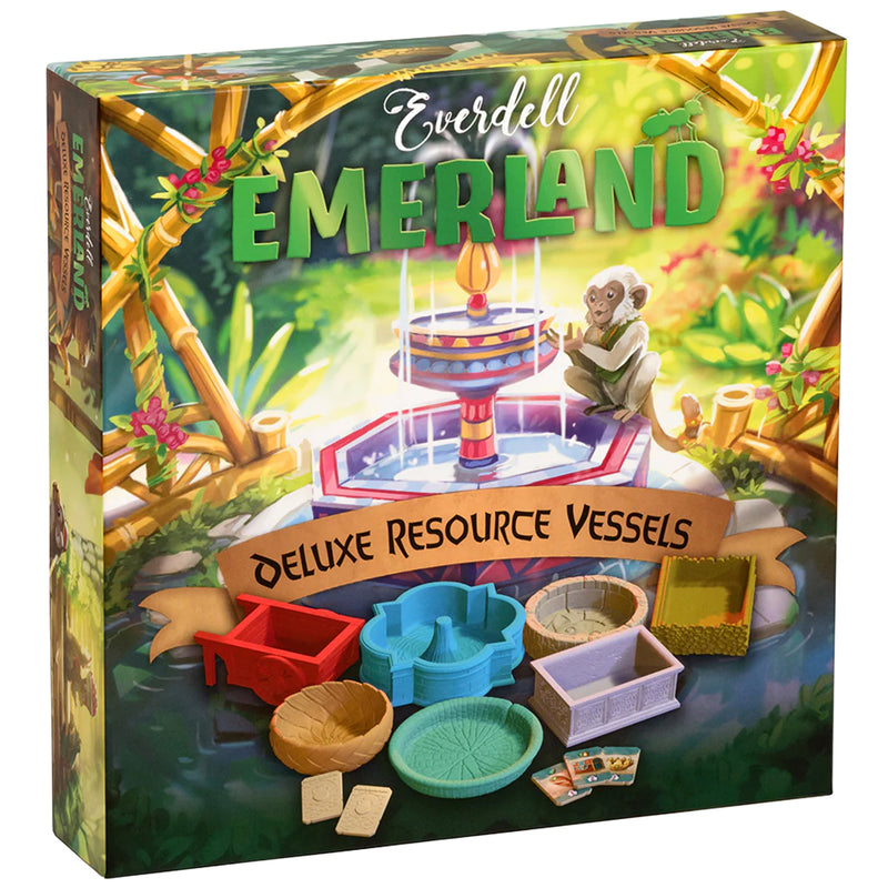 Load image into Gallery viewer, Emerland Deluxe Resource Vessels - Front of box with art of a monkey at a fountain and images of resource vessel figures. 

