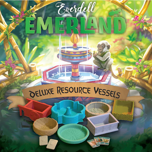 Emerland Deluxe Resource Vessels - Front of box with art of a monkey at a fountain and images of resource vessel figures. 