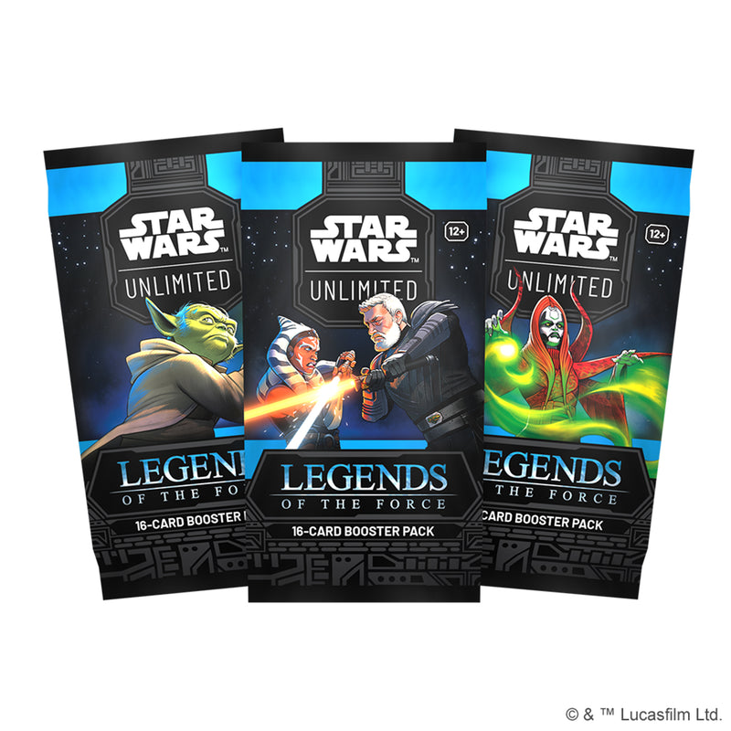 Load image into Gallery viewer, Star Wars: Unlimited -  Legends of the Force: Booster Display - three booster packs displayed with art of Star Wars characters.
