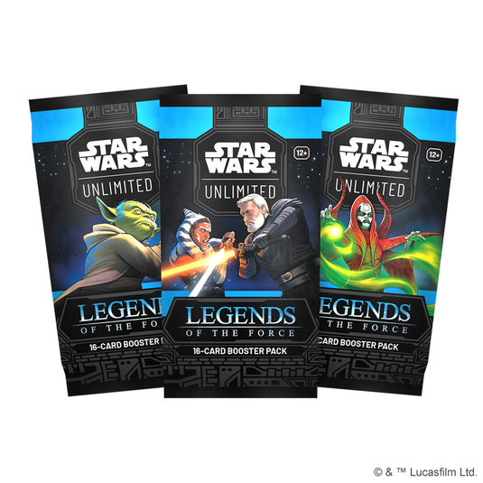 Star Wars: Unlimited -  Legends of the Force: Booster Display - three booster packs displayed with art of Star Wars characters.