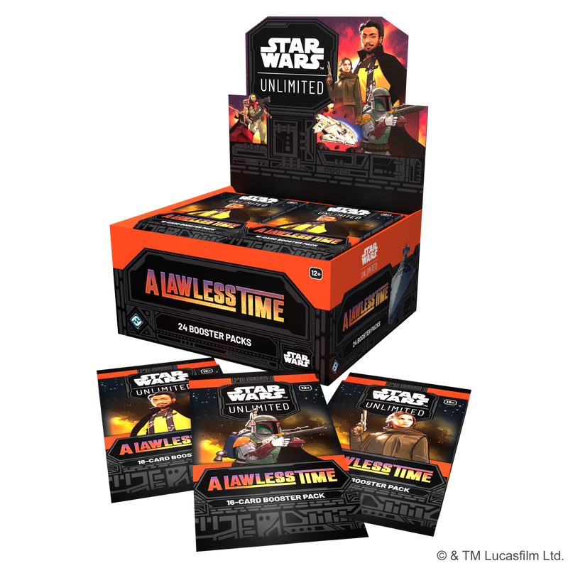 Load image into Gallery viewer, Star Wars: Unlimited - A Lawless Time: Booster Display box three booster packs displayed in front.
