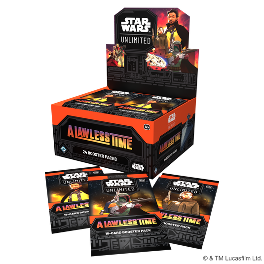 Star Wars: Unlimited - A Lawless Time: Booster Display box three booster packs displayed in front.