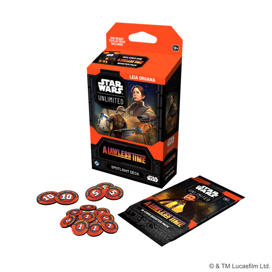 Star Wars: Unlimited - A Lawless Time: Spotlight Deck: Leia Organa card game box with game tokens and card pack displayed in front.