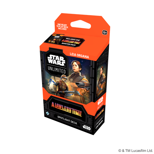 Star Wars: Unlimited - A Lawless Time: Spotlight Deck: Leia Organa card game box with image of Leia Organa and R2D2