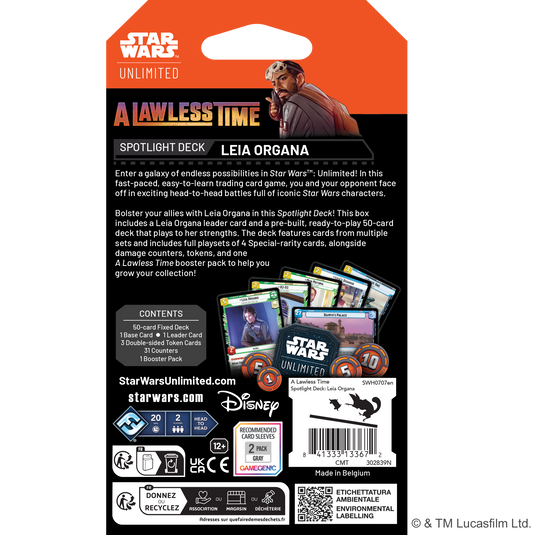 Star Wars: Unlimited - A Lawless Time: Spotlight Deck: Leia Organa card game back of box with overview and displaying sample cards and components. 