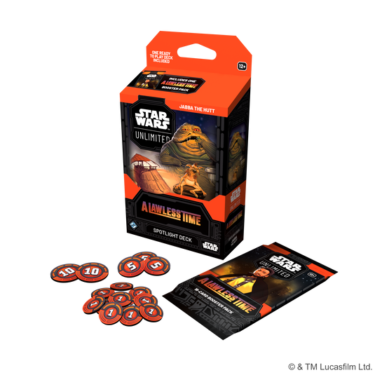 Star Wars: Unlimited - A Lawless Time: Spotlight Deck: Jabba the Hutt card game box with game tokens and card pack in front.