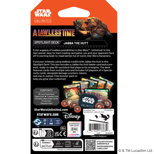 Star Wars: Unlimited - A Lawless Time: Spotlight Deck: Jabba the Hutt card game back of box with overview and displaying same cards and components. 