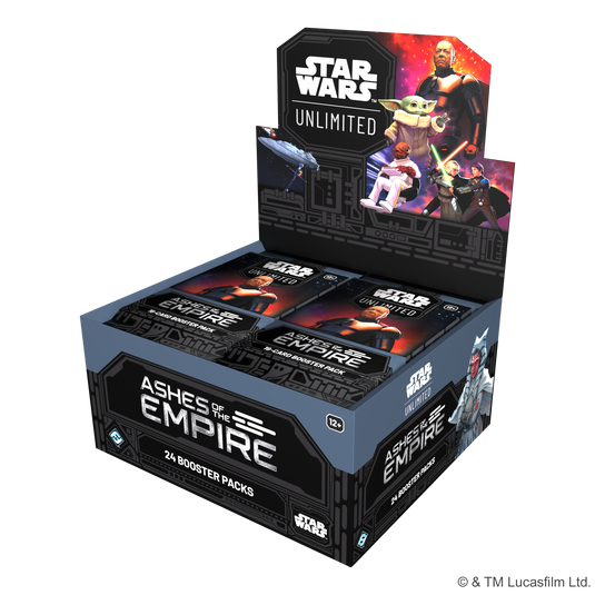 Star Wars: Unlimited - Ashes of the Empire: Booster Display - front of packaging with art of Star Wars characters. 