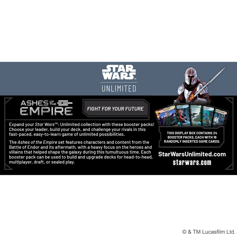 Load image into Gallery viewer, Star Wars: Unlimited - Ashes of the Empire: Booster Display - back of display with overview, contents list, and link for Star Wars Unlimited website. 
